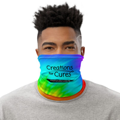 a person wearing a tie-dye gaiter featuring the Creations for Cures logo in black