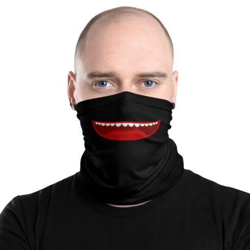 a person wearing a black gaiter featuring a cartoon open smiling mouth with rounded teeth