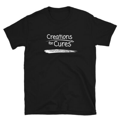 a black t-shirt featuring the Creations for Cures logo in white