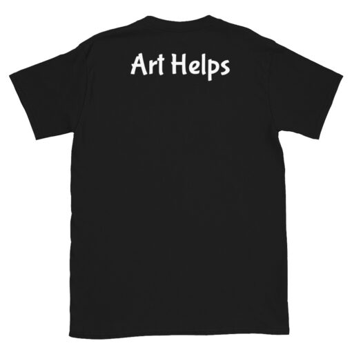back view of a black t-shirt featuring the phrase "Art Helps" in white