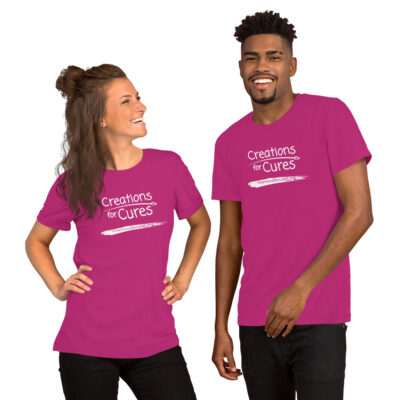 two people wearing berry violet t-shirts featuring the Creations for Cures logo in white