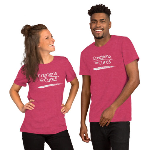 two people wearing heather raspberry t-shirts featuring the Creations for Cures logo in white