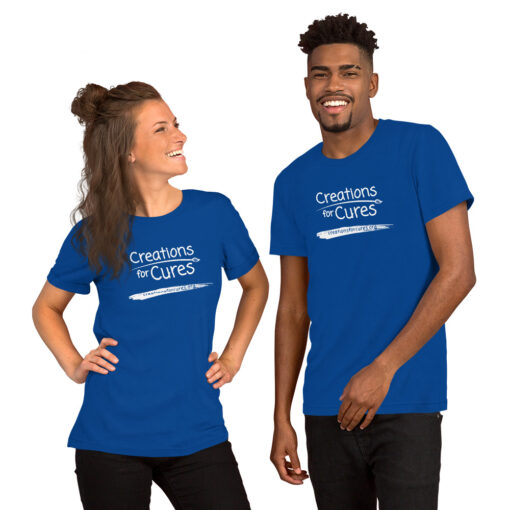 two people wearing royal blue t-shirts featuring the Creations for Cures logo in white