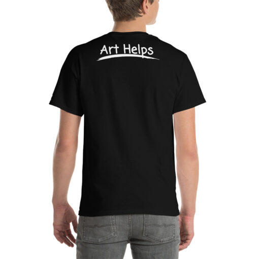 back view of a person wearing a black t-shirt featuring the phrase "Art Helps" in white