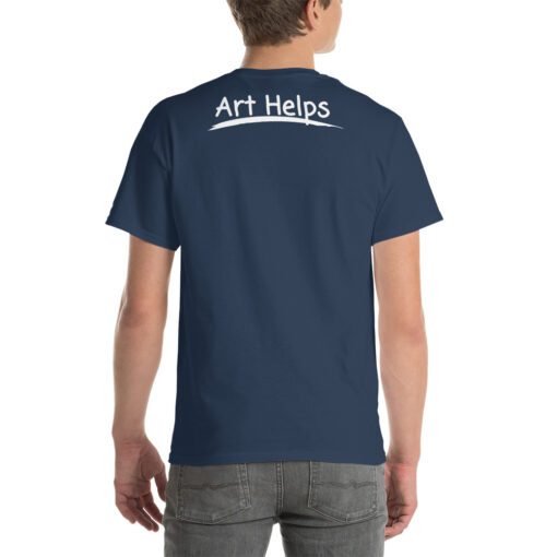 back view of a person wearing a dusk blue t-shirt featuring the phrase "Art Helps" in white