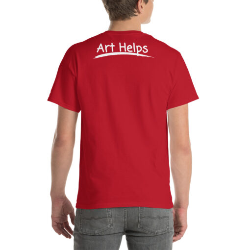 back view of a person wearing a cherry red t-shirt featuring the phrase "Art Helps" in white