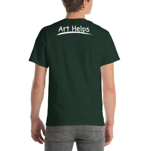 back view of a person wearing a forest green t-shirt featuring the phrase "Art Helps" in white
