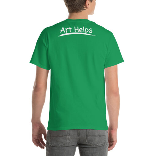 back view of a person wearing a kelly green t-shirt featuring the phrase "Art Helps" in white