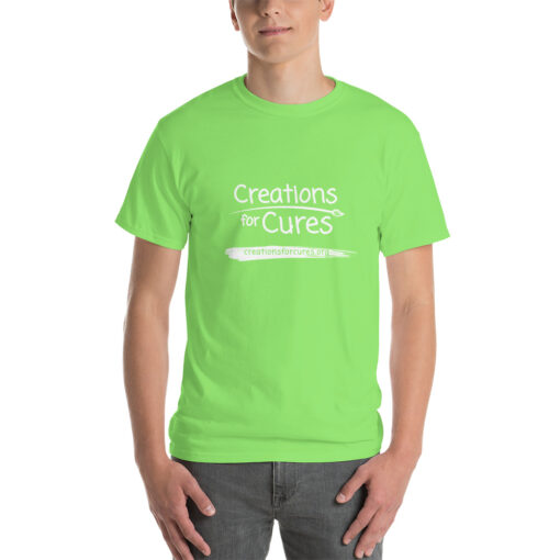a person wearing a lime green t-shirt featuring the Creations for Cures logo in white