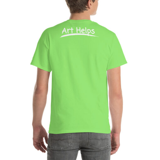 back view of a person wearing a lime green t-shirt featuring the phrase "Art Helps" in white