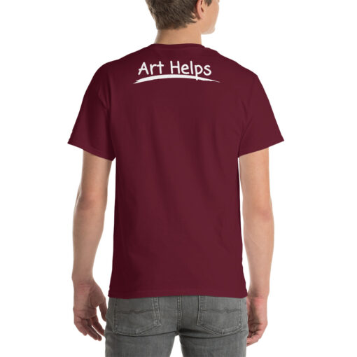 back view of a person wearing a maroon t-shirt featuring the phrase "Art Helps" in white