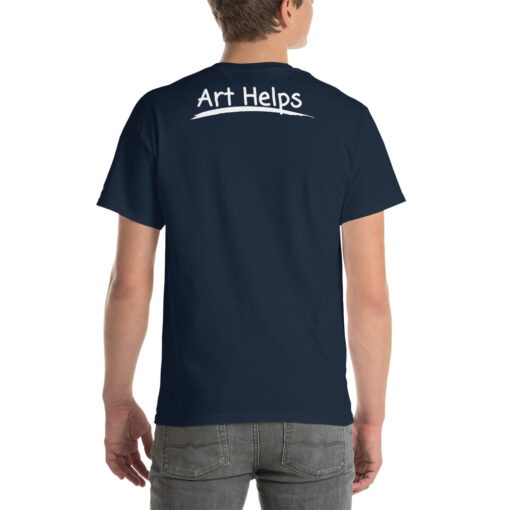 back view of a person wearing a navy t-shirt featuring the phrase "Art Helps" in white