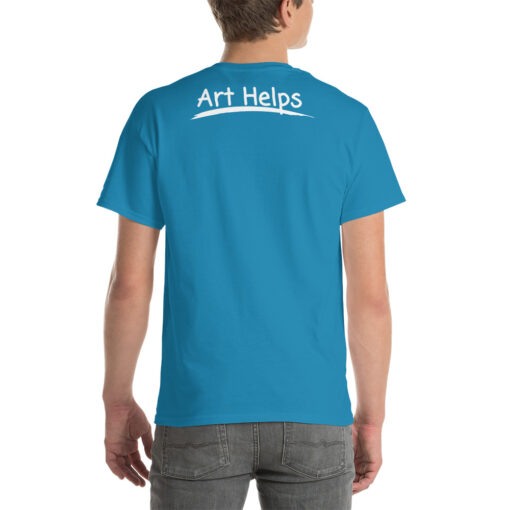 back view of a person wearing a sapphire blue t-shirt featuring the phrase "Art Helps" in white