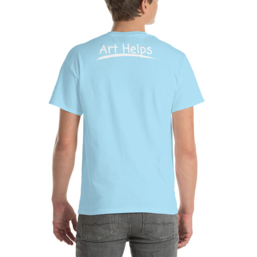 back view of a person wearing a sky blue t-shirt featuring the phrase "Art Helps" in white