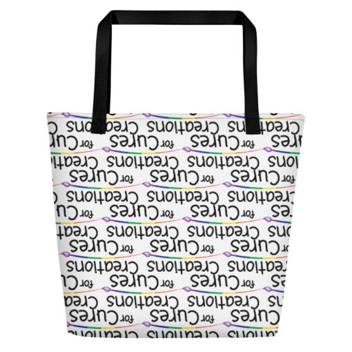 a large tote bag with interior pocket and black straps that features the Creations for Cures logo