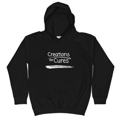a kids size black hoodie featuring the Creations for Cures logo