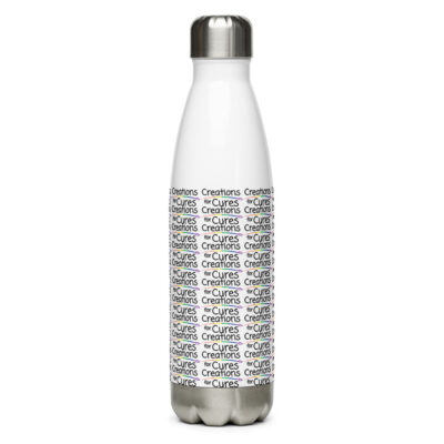 a white 17oz stainless steel water bottle with a Creations for Cures logo pattern wrap