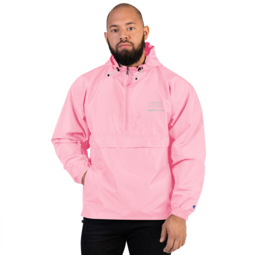 a person wearing a pink Champion pullover jacket with the Creations for Cures logo on it