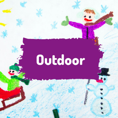 a painting of people playing in the snow with the word "Outdoor" laid over it