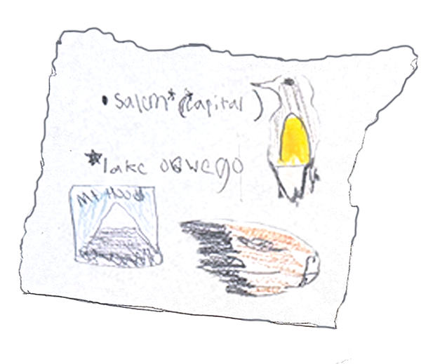 A child's drawing of Washington state including some mountain peaks, an apple tree and some evergreen trees