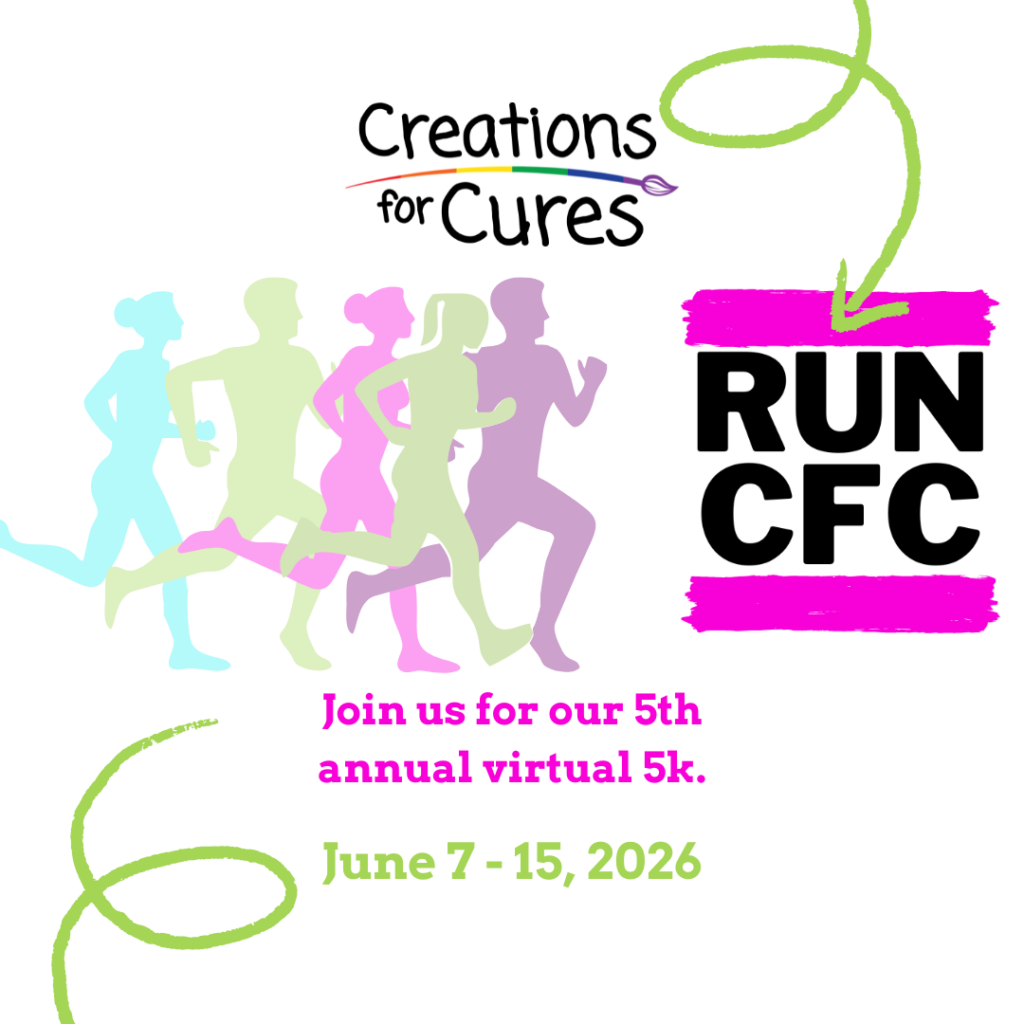graphic of people running for the Creations for Cures RUN CFC Virtual 5k, June 7-15, 2026
